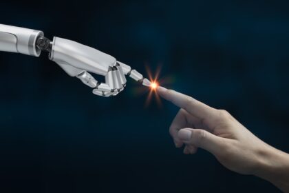 Hand human finger touch cyborg robot white 3d rendering.