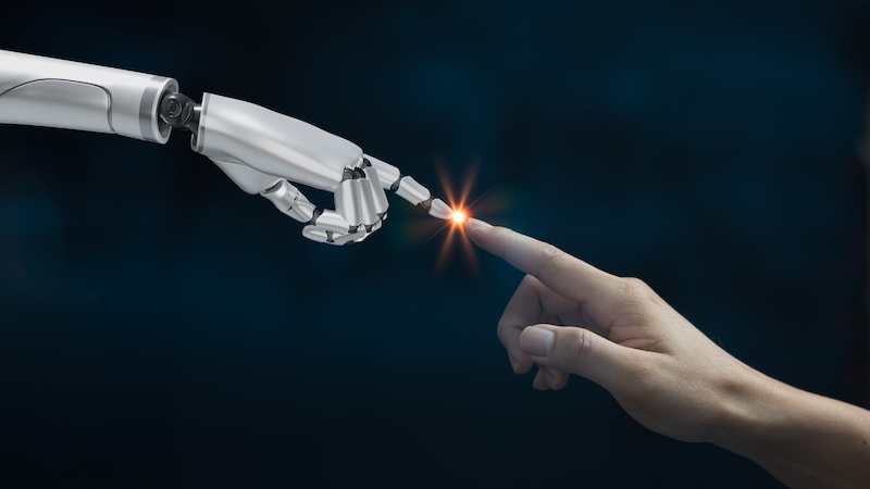 Hand human finger touch cyborg robot white 3d rendering.
