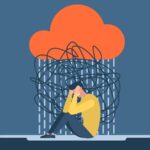 Man with anxiety touch head surrounded by think. Mental disorder and chaos in consciousness. Frustrated guy with nervous problem feel anxiety and confusion of thoughts flat illustration.