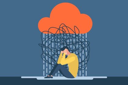 Man with anxiety touch head surrounded by think. Mental disorder and chaos in consciousness. Frustrated guy with nervous problem feel anxiety and confusion of thoughts flat illustration.
