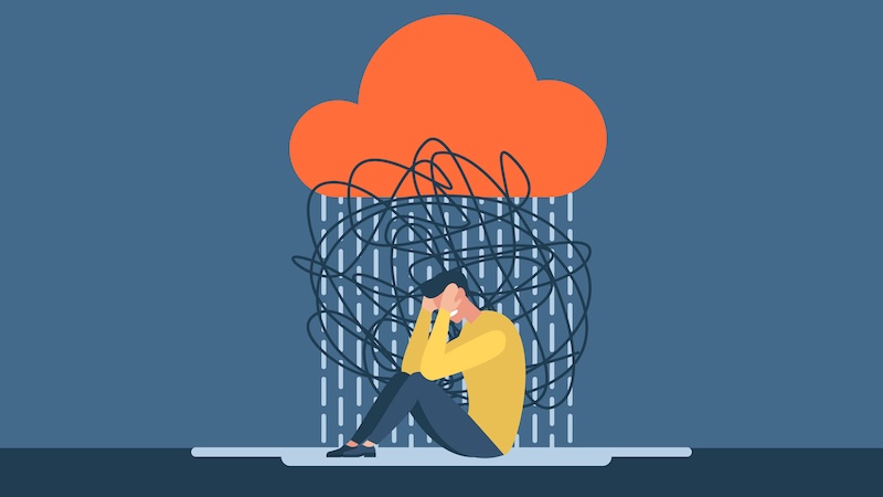 Man with anxiety touch head surrounded by think. Mental disorder and chaos in consciousness. Frustrated guy with nervous problem feel anxiety and confusion of thoughts flat illustration.