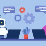 Man and robot with computers sitting together in workplace