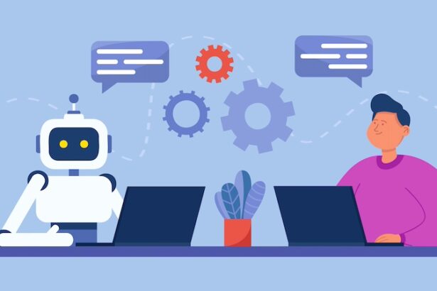 Man and robot with computers sitting together in workplace
