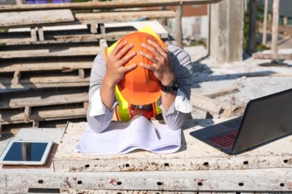 Stress engineer or architect with laptop and tablet holding hands at his head. He is having problems in work. Engineering concept.